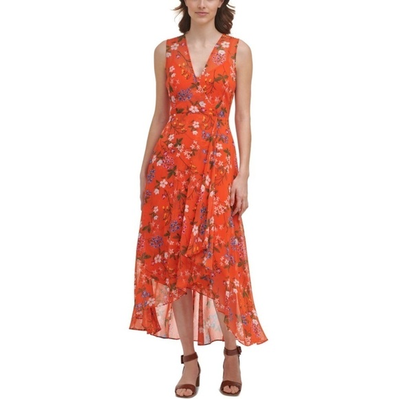 Calvin Klein Womens Floral Orange Sheer V Neck Waterfall Maxi Dress Size 16 W - Picture 1 of 17